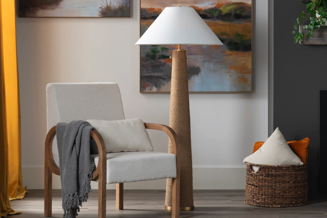 Coastal Charm: Sunroom's Nautical Rope-Wrapped Floor Lamp